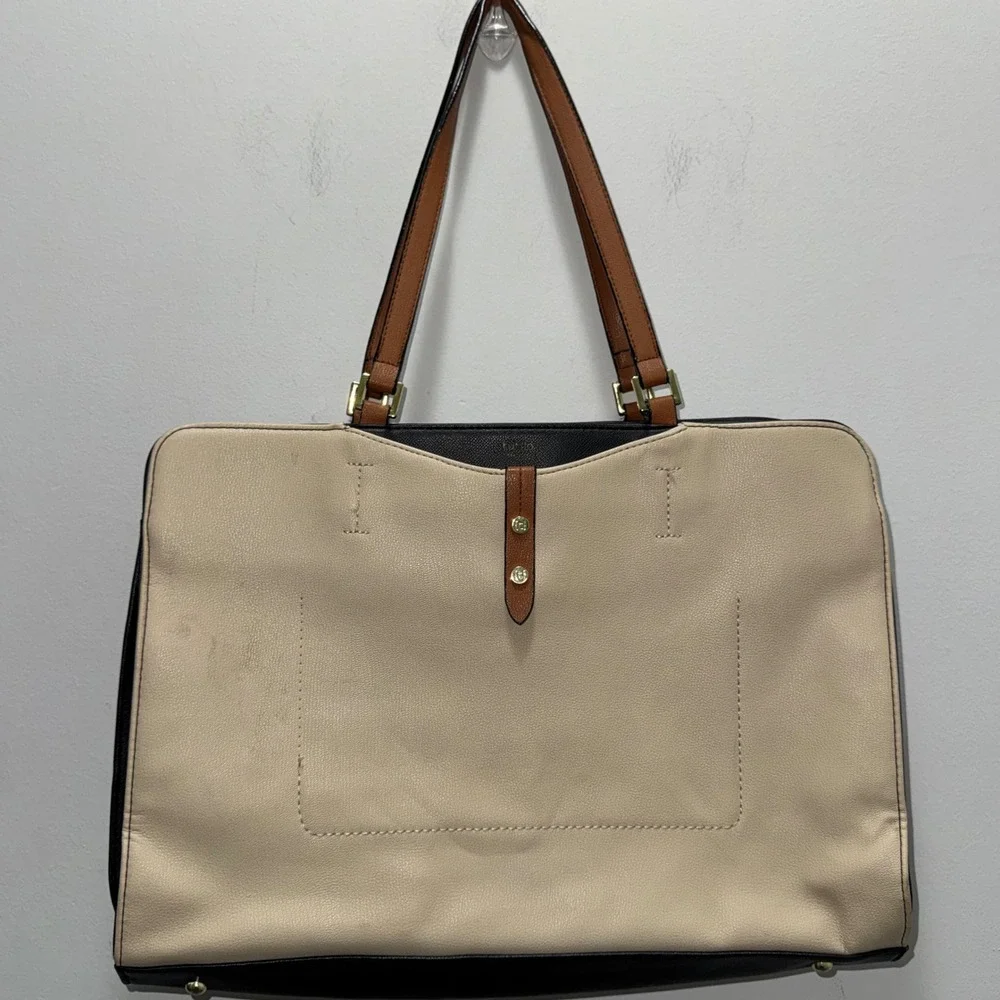 Tutilo New York Laptop Tote Bag Beige Black Brown Colorblock Work Shoulder Bag